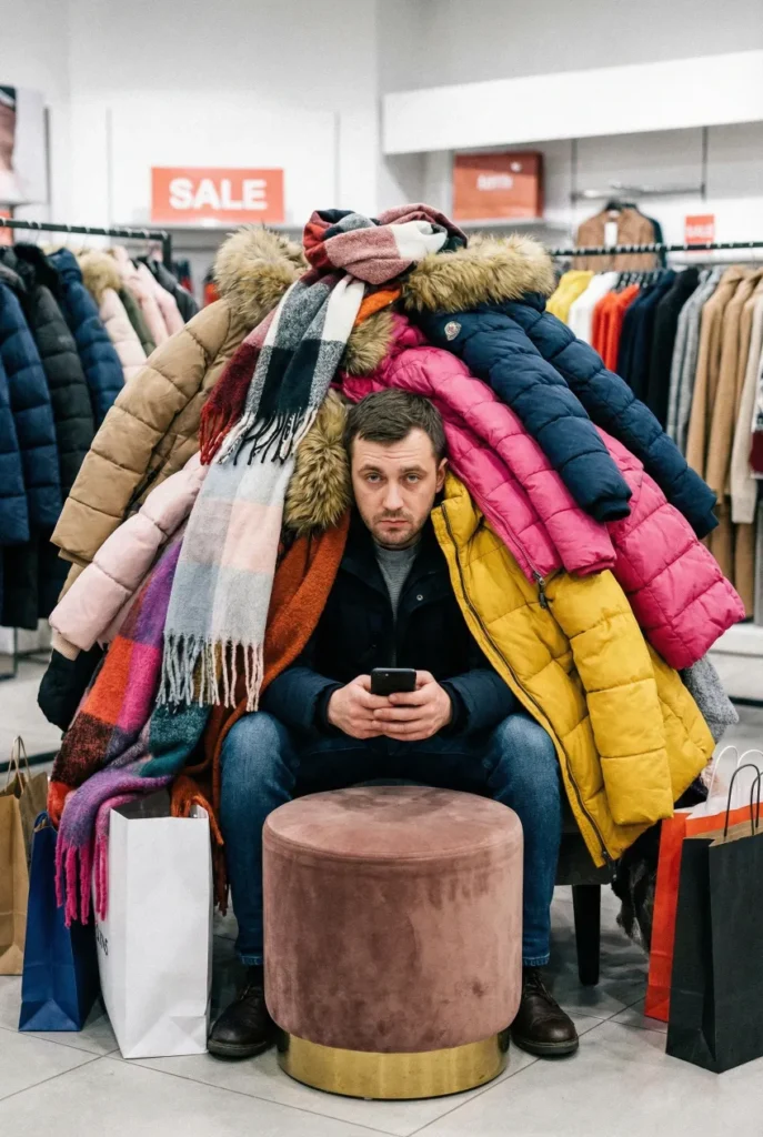 Hombre aburrido sujetando bolsas y ropa durante las rebajas enero, el típico novio perchero.