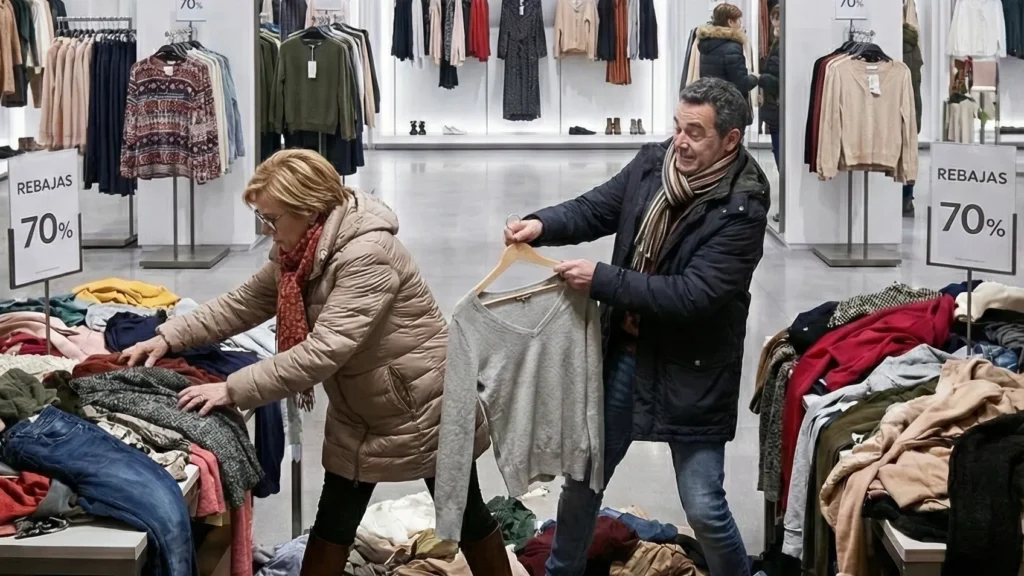 Caos en una tienda de ropa durante las rebajas enero con gente peleando por prendas.