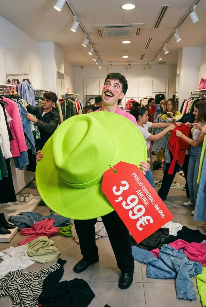 Comprador impulsivo adquiriendo prendas absurdas solo por el precio en las rebajas enero.
