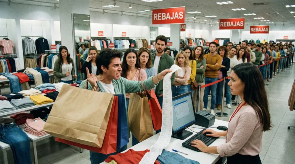 Cola interminable en las rebajas enero por culpa de alguien devolviendo mucha ropa.