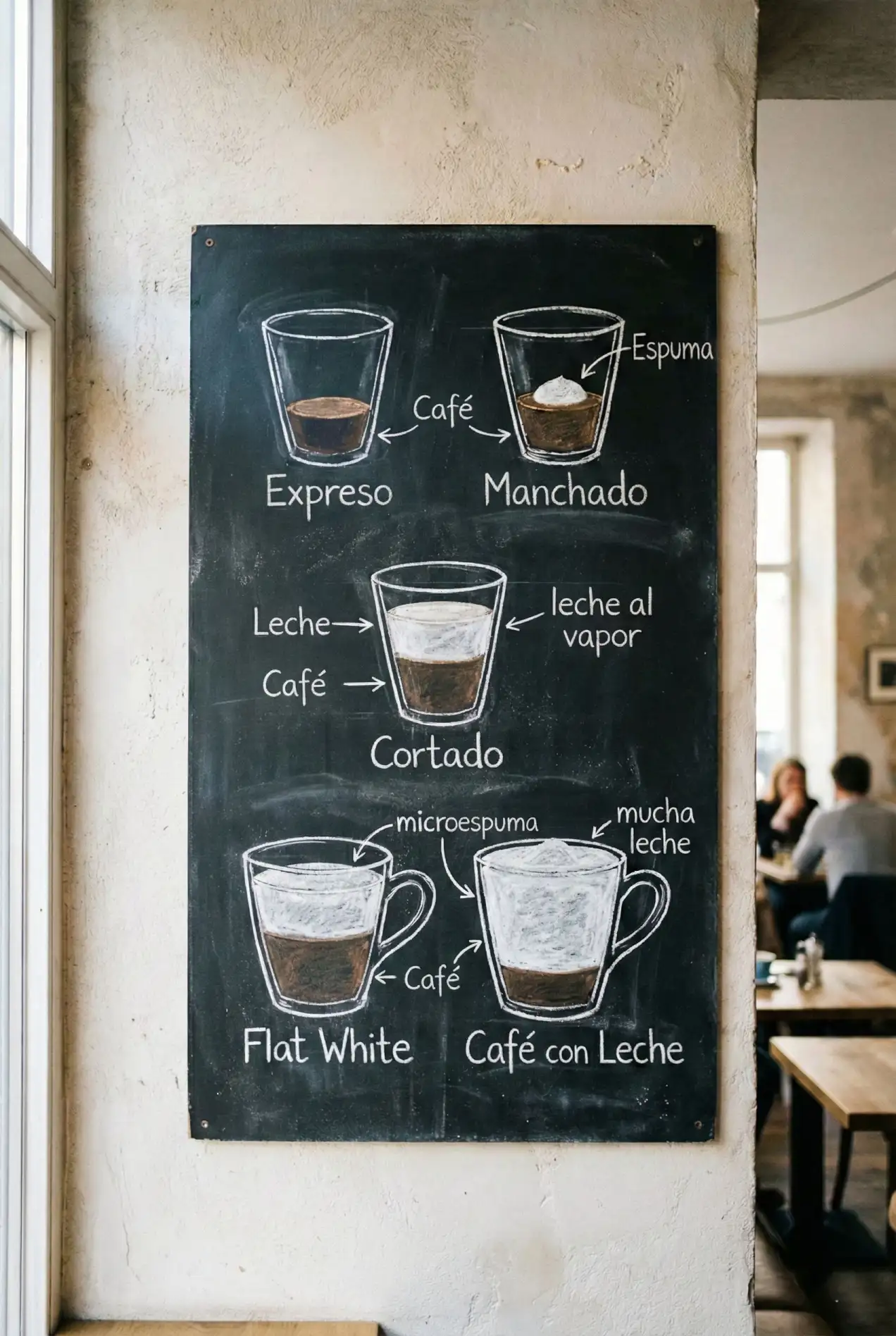 Foto de pizarra dibujada a mano en una cafetería mostrando las diferencias y capas entre Espresso, Macchiato, Cortado, Flat White y Latte.