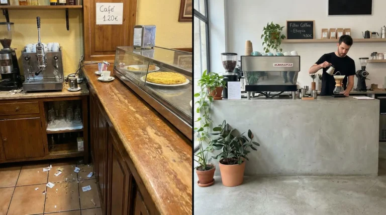 Fotografía de móvil a pantalla partida comparando un bar tradicional español con suelo de serrín y tortilla frente a una cafetería de especialidad minimalista con una Chemex.