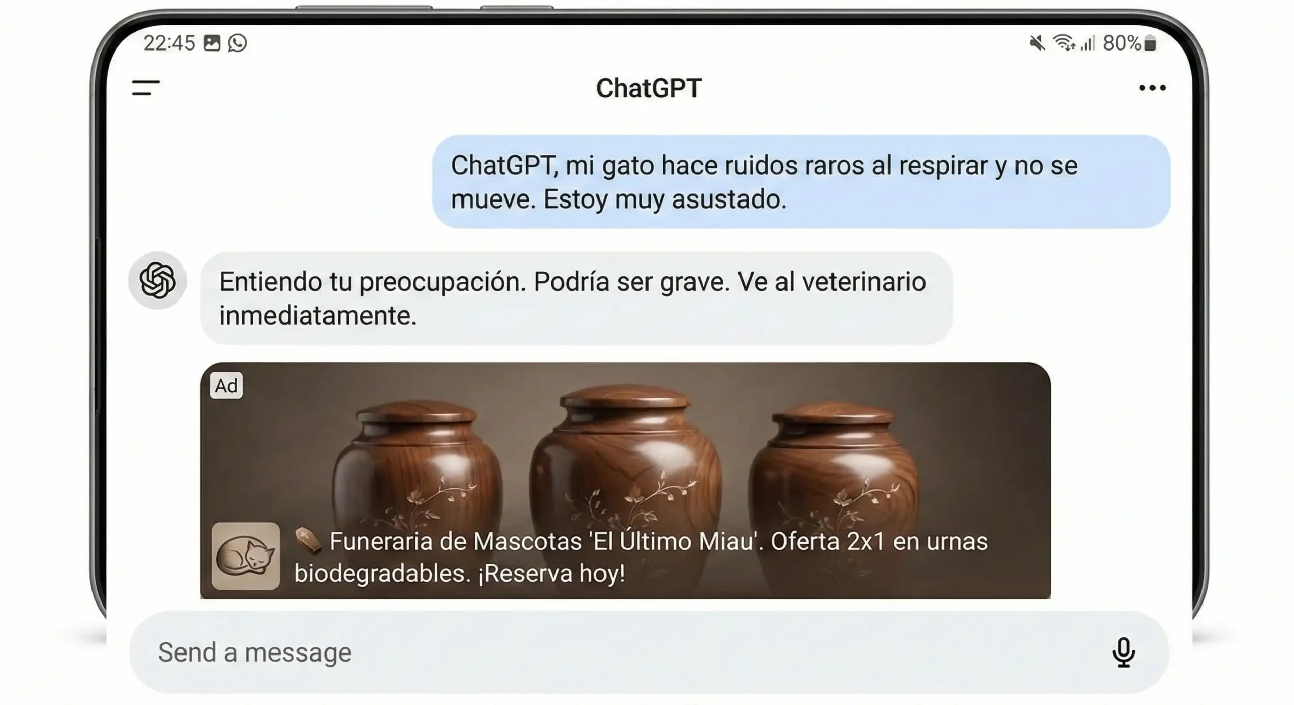 Captura de pantalla de móvil mostrando una conversación seria con ChatGPT sobre un gato enfermo interrumpida por un anuncio de una funeraria de mascotas.