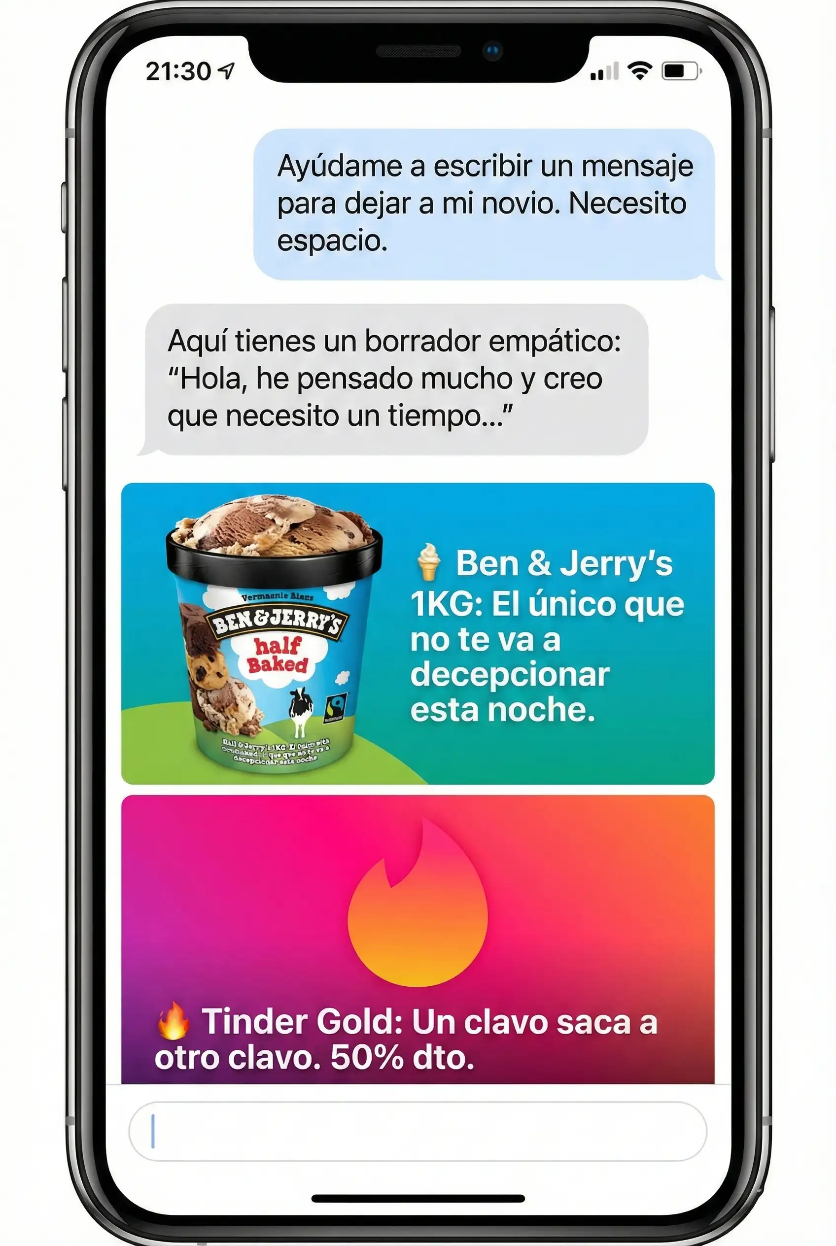 Captura de pantalla de ChatGPT donde un usuario pide ayuda para una ruptura y aparecen anuncios de helado y Tinder.