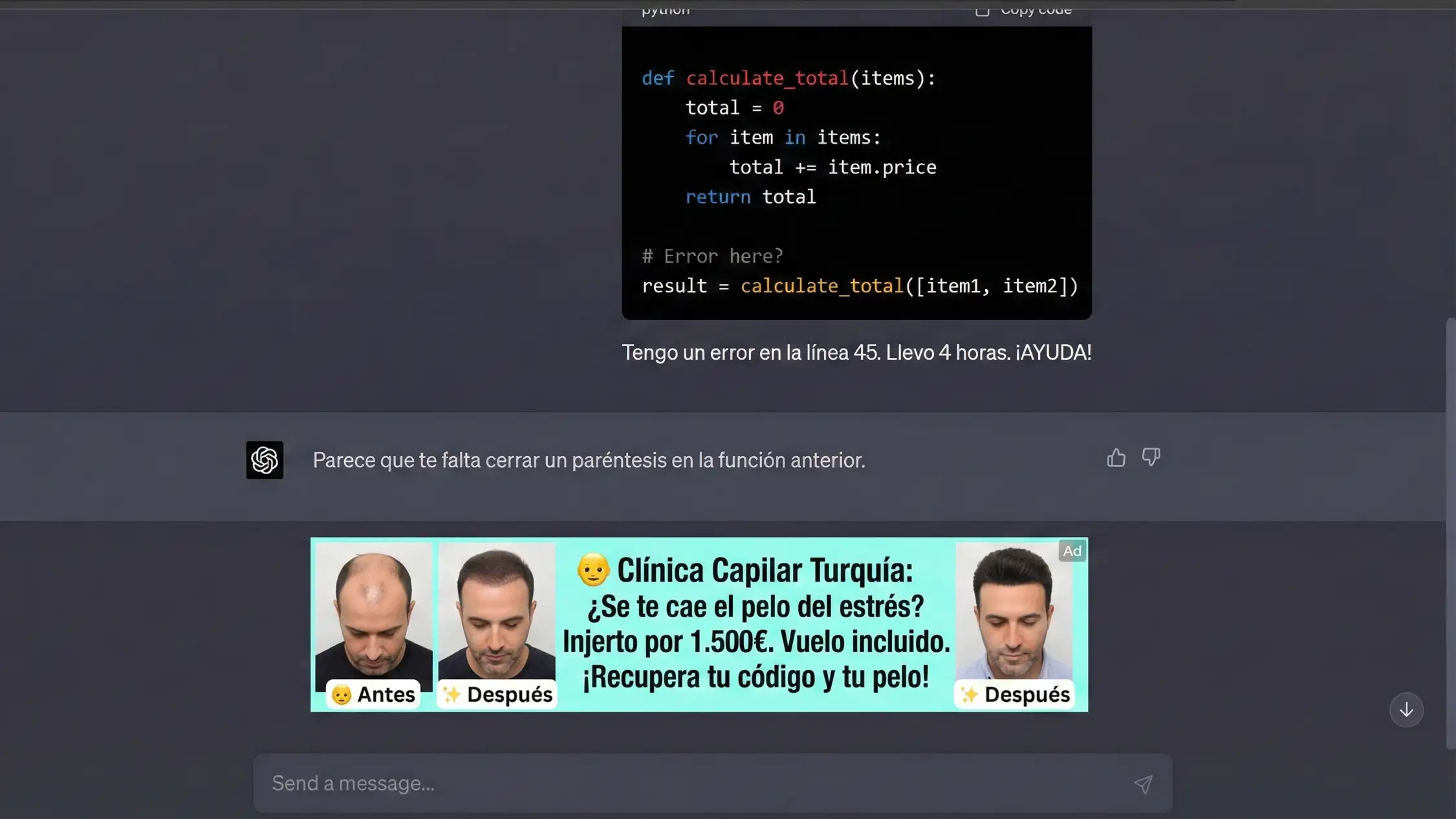 Captura de pantalla de escritorio de ChatGPT en modo oscuro, donde una consulta de programación es seguida por un anuncio de injerto capilar en Turquía.
