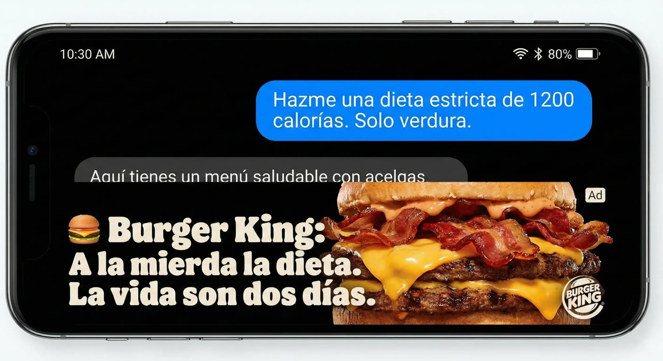 Conversación de ChatGPT sobre dietas interrumpida por un anuncio gigante de una hamburguesa grasienta.