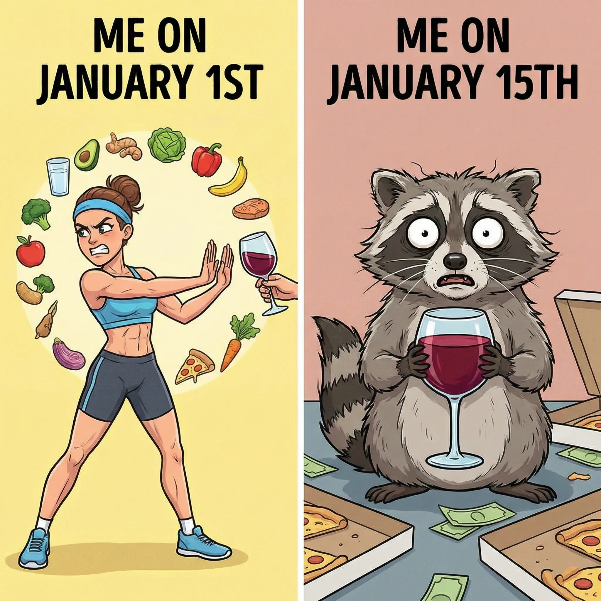 Meme comparativo sobre la expectativa vs realidad de mantener el Dry January durante todo el mes.
