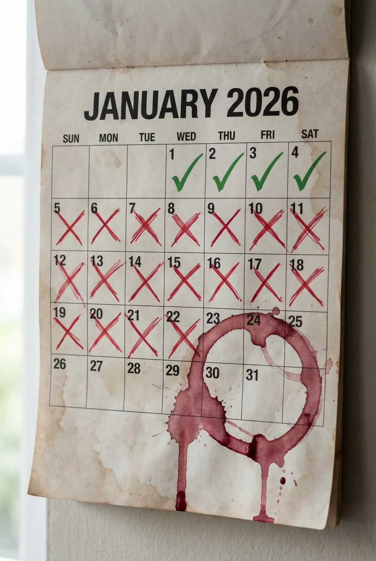 Calendario de enero 2026 mostrando el fracaso progresivo del reto Dry January con marcas rojas.