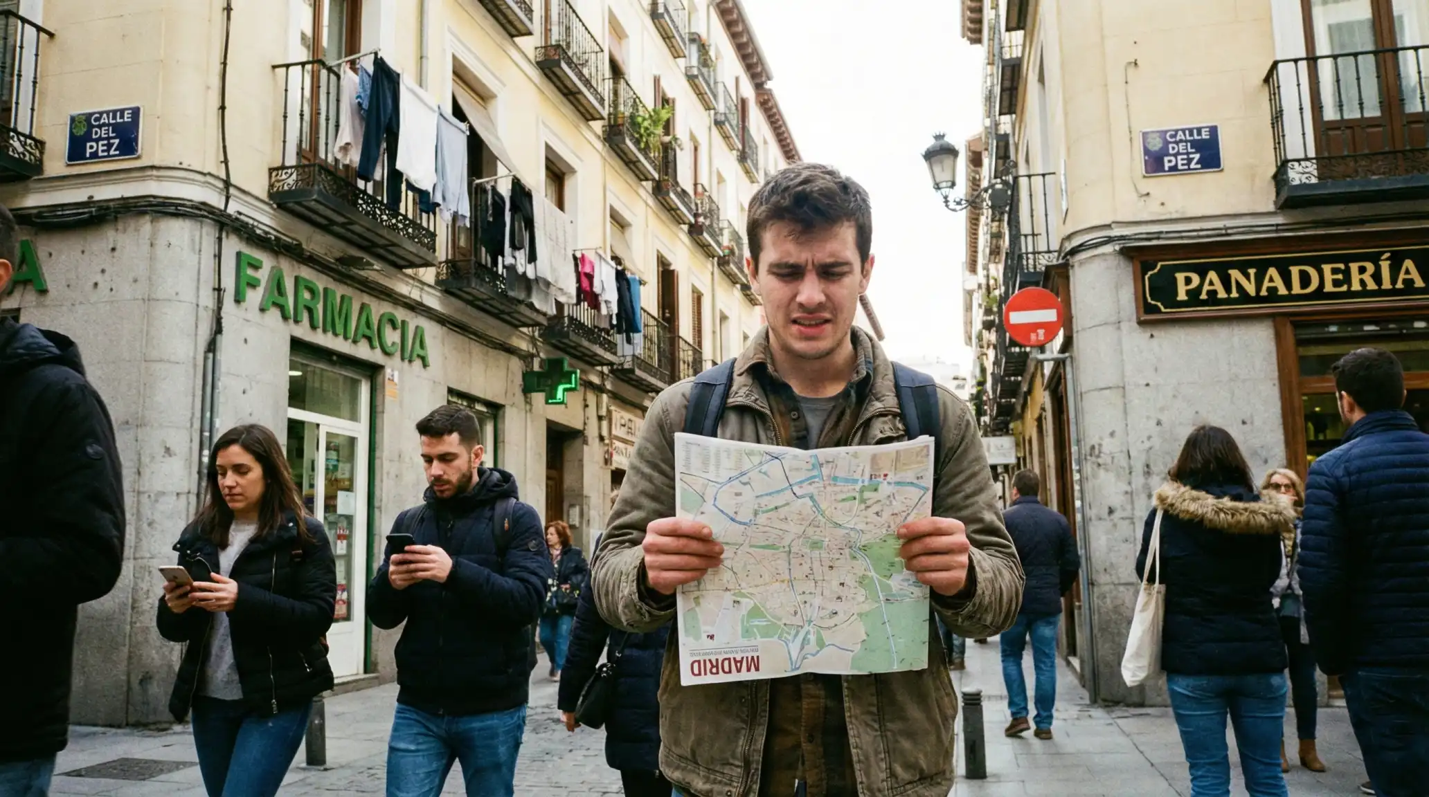 Persona perdida en la ciudad intentando usar un mapa de papel vs gente con smartphones con GPS.