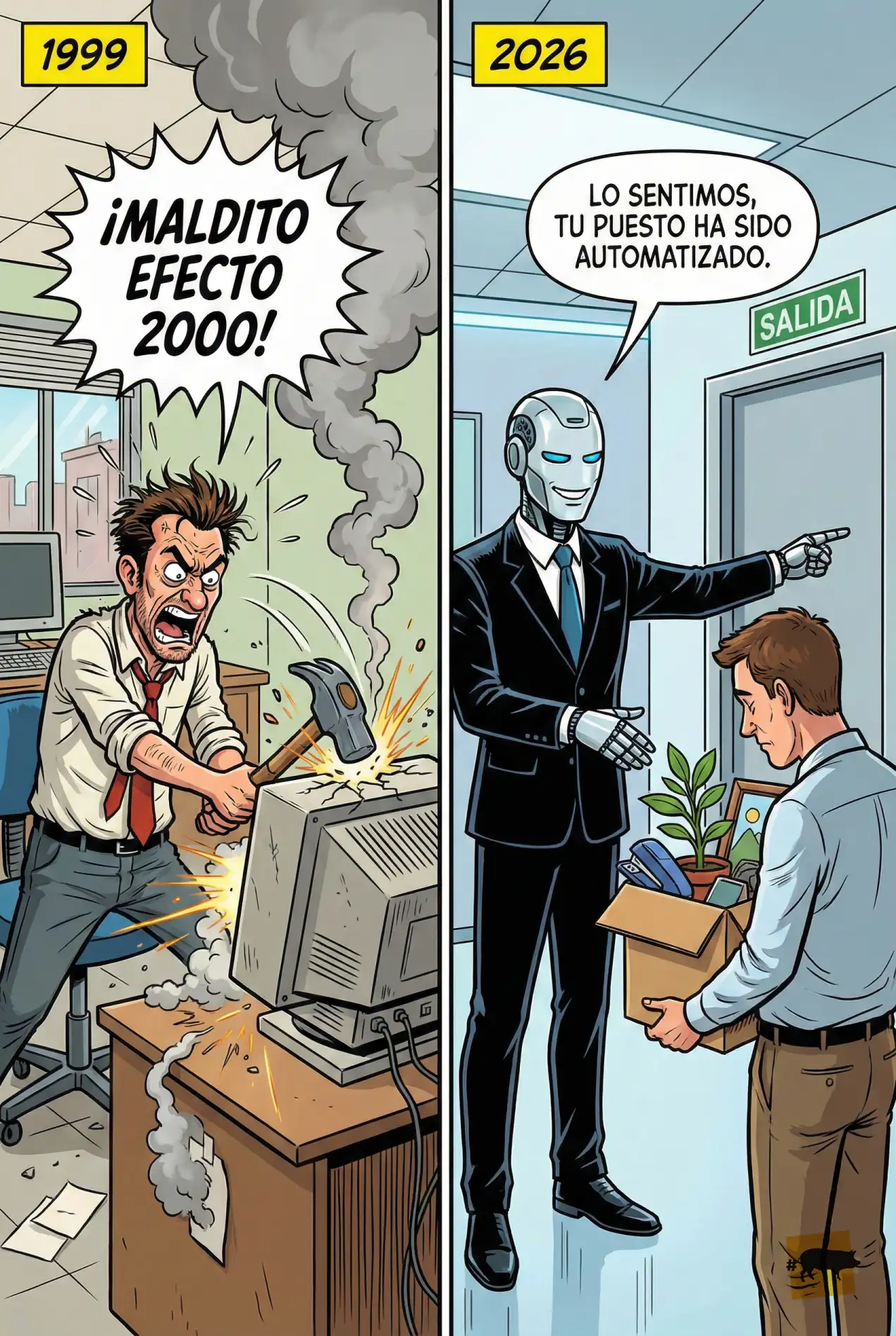 Comparativa miedo tecnológico 1999 vs 2026, ordenador roto vs robot jefe inteligencia artificial.