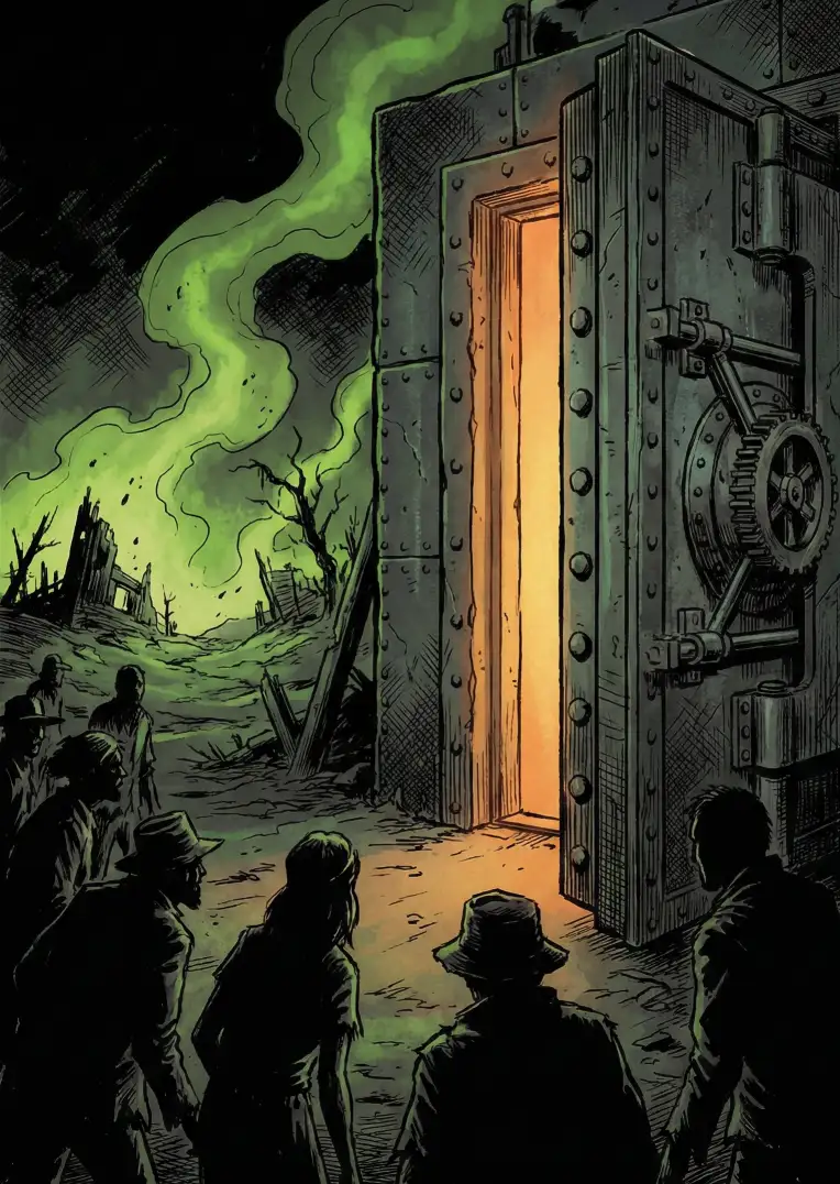 Grupo de personas esperando entrar en el dilema del búnker nuclear, representando la difícil elección moral.