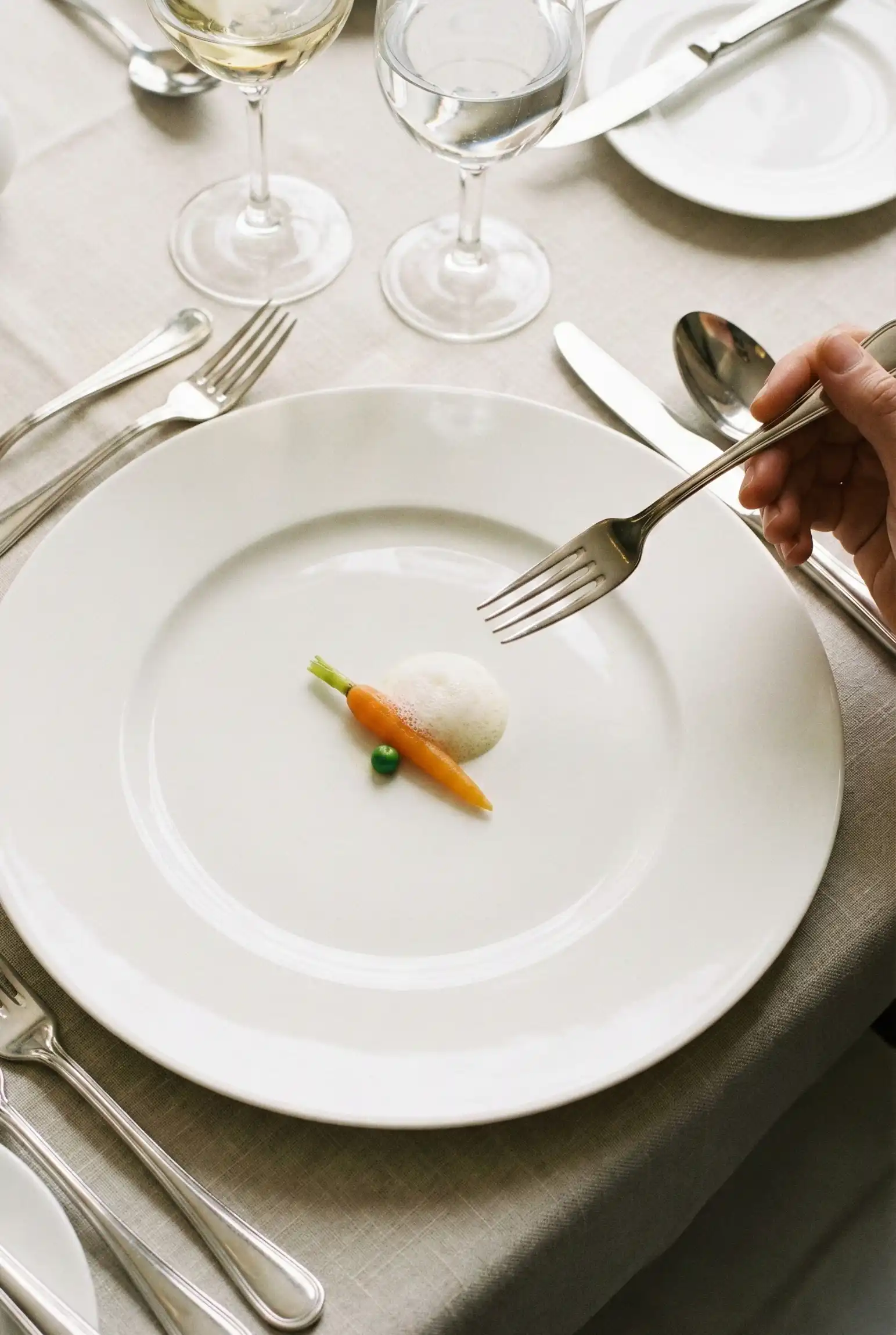 Plato de menú degustación ridículamente pequeño en restaurante de lujo para San Valentín.