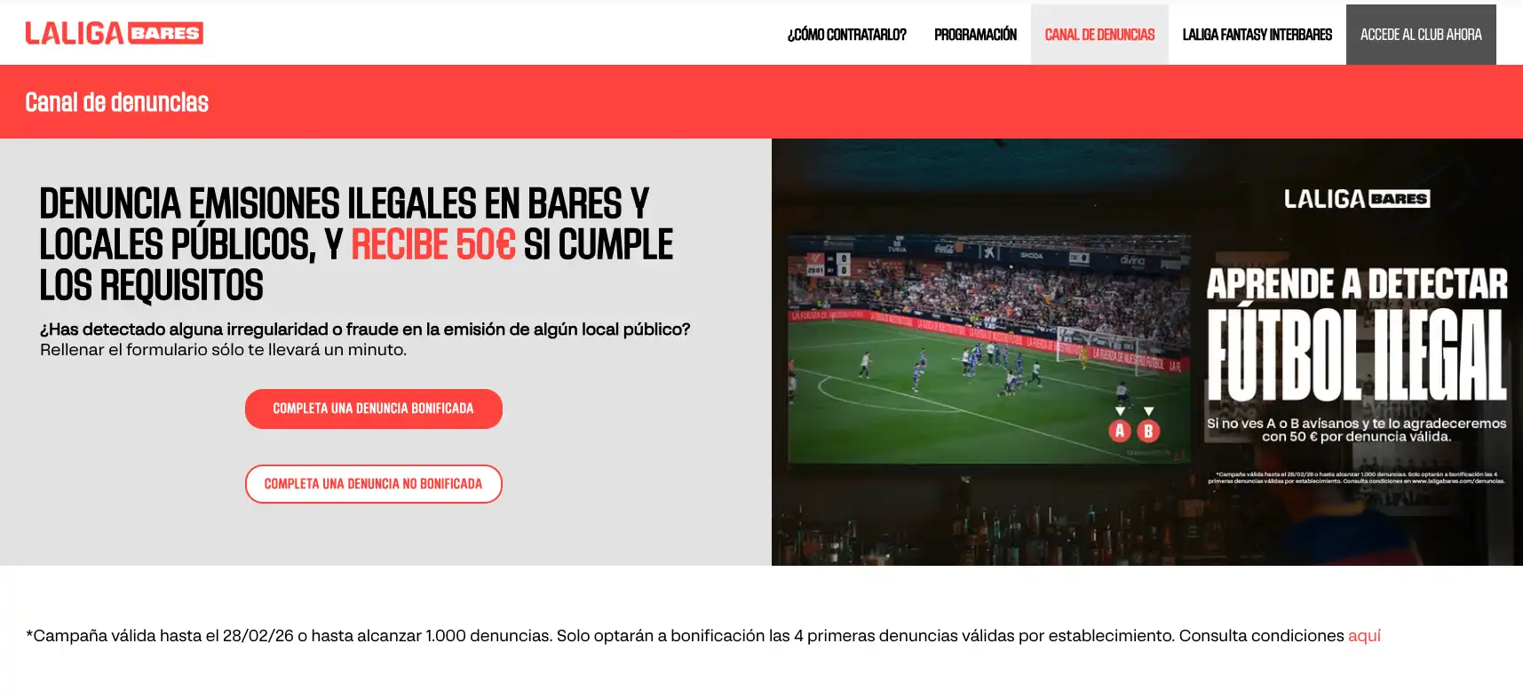 Web de LaLiga mostrando la landing page donde pagan 50€ si denuncias fútbol pirata de bares