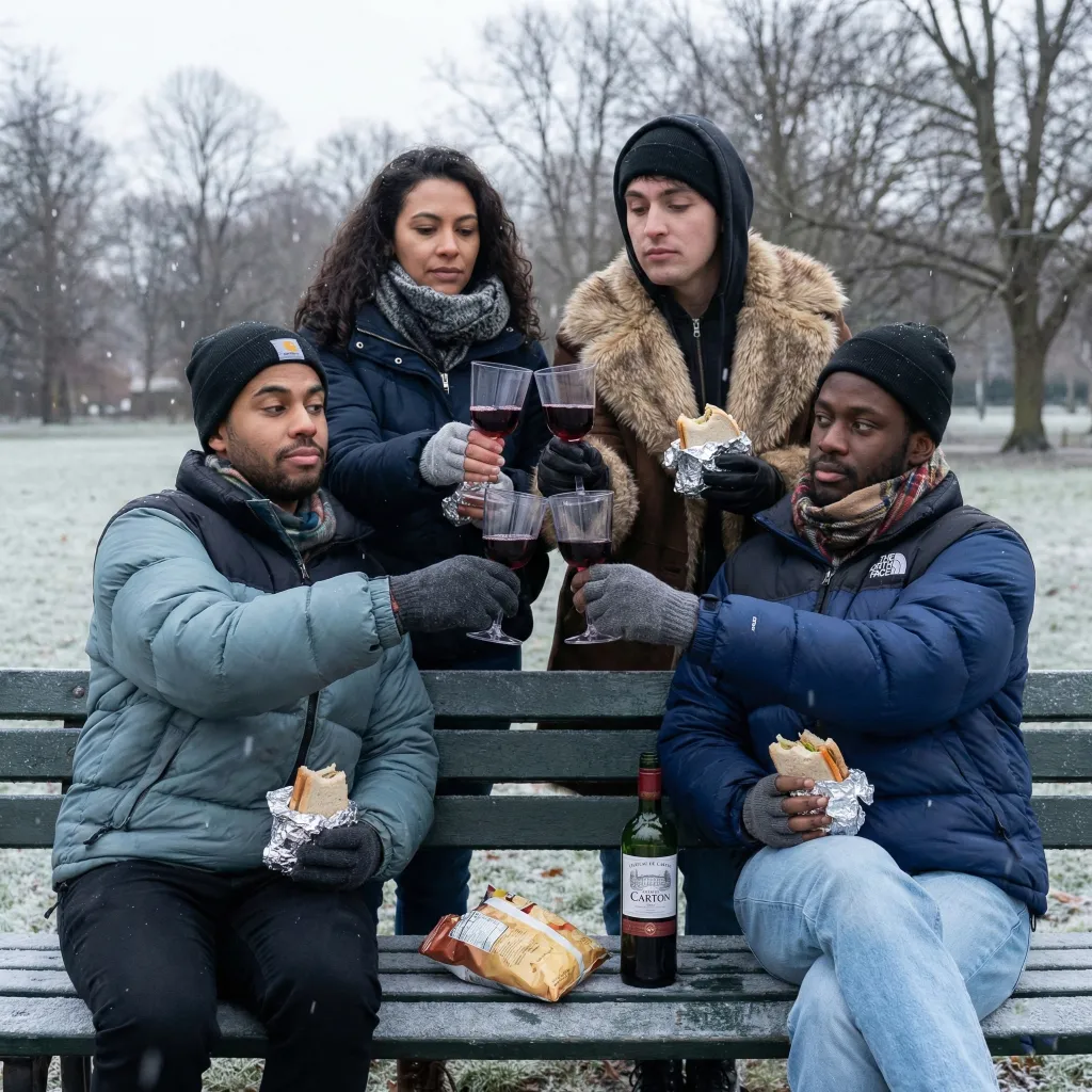 Amigos haciendo planes gratis enero picnic invierno con mucho frío pero actitud digna.
