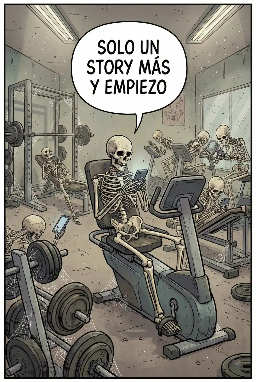 Caricatura de esqueletos en el gimnasio mirando el móvil en lugar de entrenar, crítica a la pérdida de tiempo.