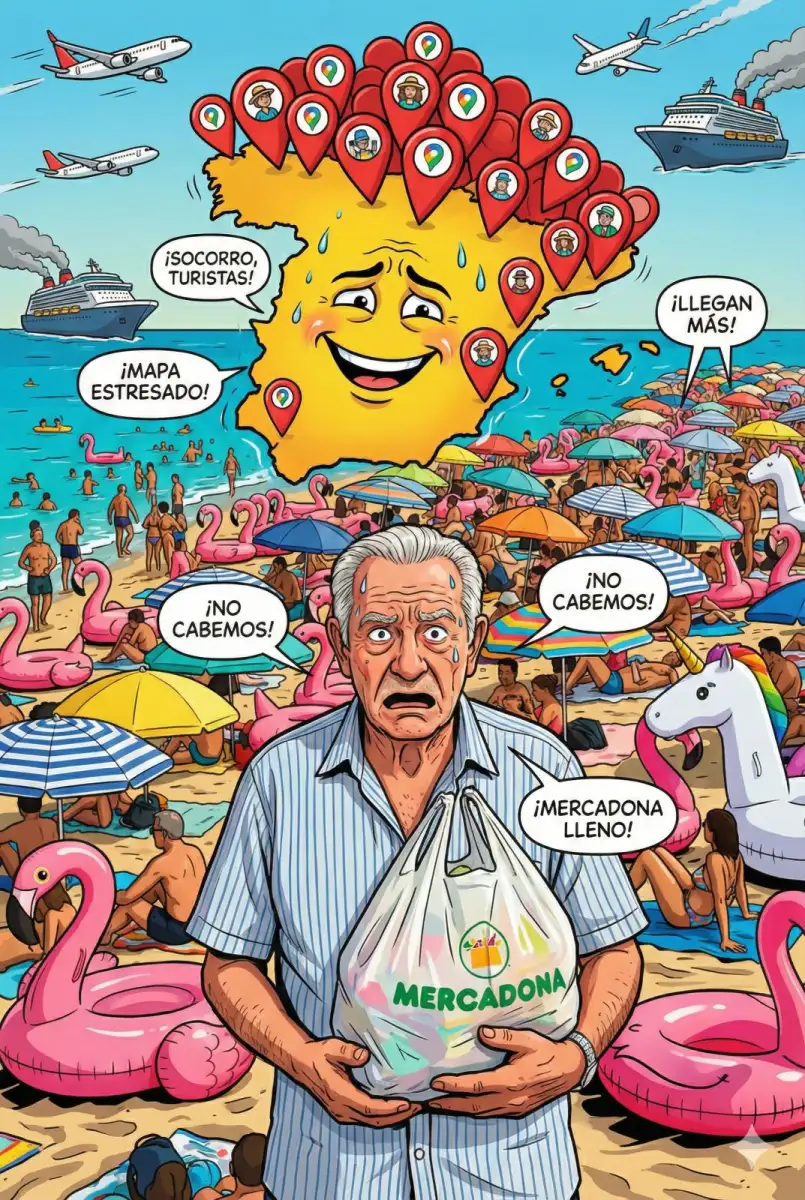 Mapa ilustrado sufriendo el peso del turismo en España 2025 y la llegada masiva de viajeros.