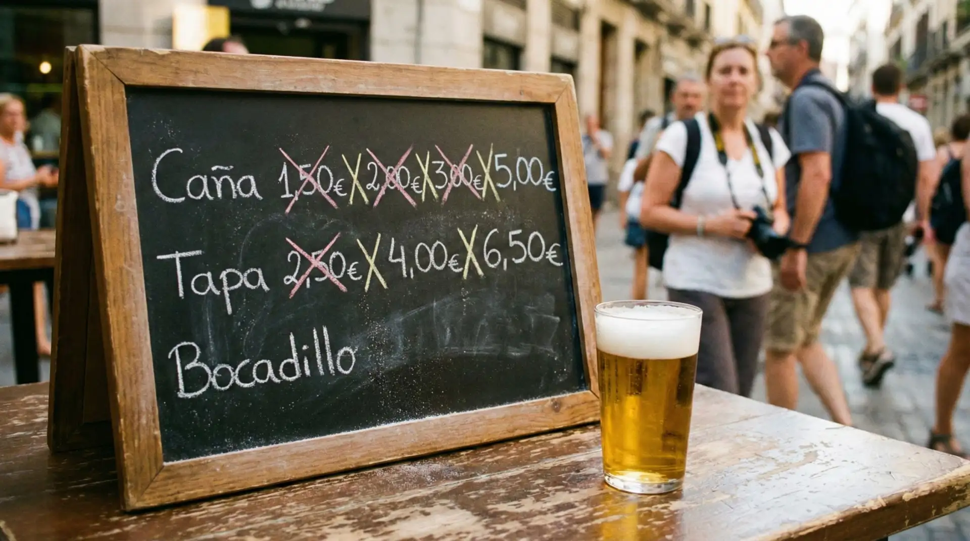 Pizarra de precios en un bar mostrando la inflación causada por el turismo en España 2025.