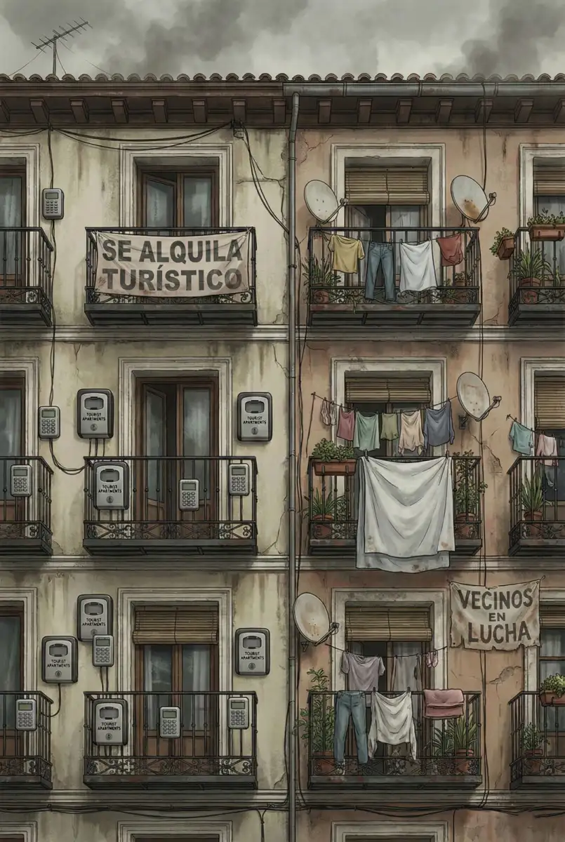 Fachada de edificio mostrando el impacto de los pisos turísticos y el turismo en España 2025.