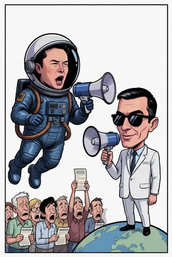 Caricatura satírica de Elon Musk y Pedro Sánchez discutiendo mientras los ciudadanos los ignoran.