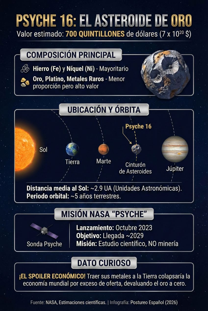 Infografia sobre Psyche 16, el asteroide de oro valorado en 700 Quintillones de Dólares por la Nasa