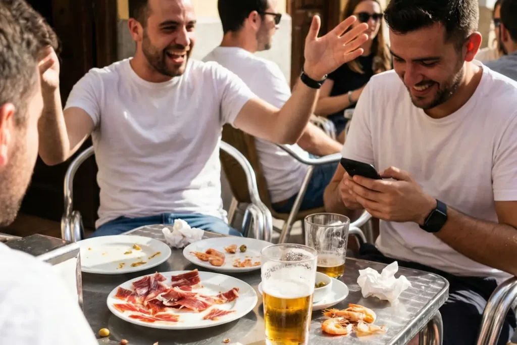 Terraza española con amigos tomando cañas al sol, mesa desordenada y ambiente real de bar.