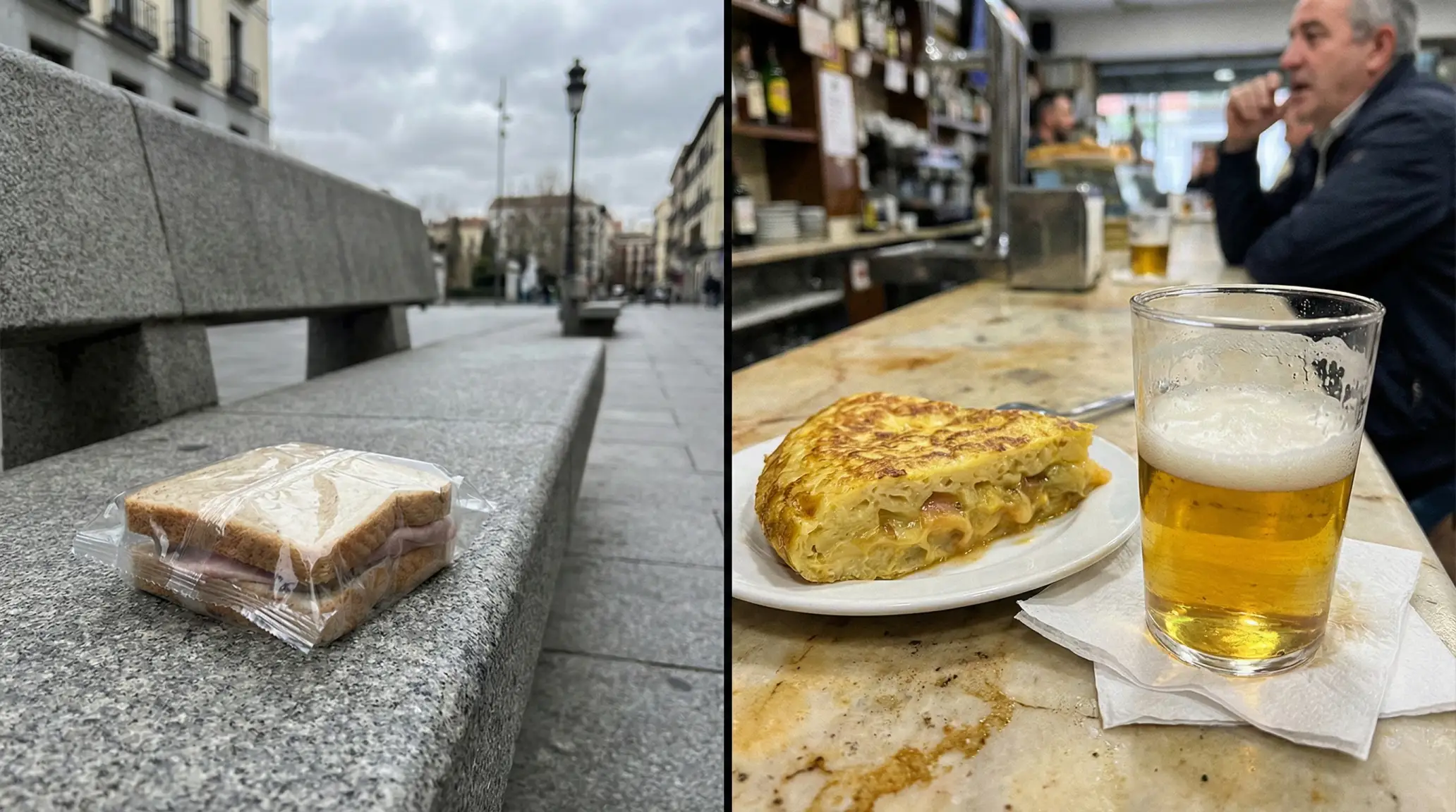 Comparación real entre un sándwich empaquetado y un pincho de tortilla en un bar español.
