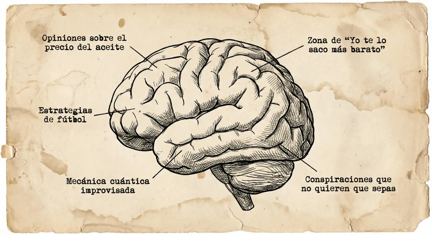 Diagrama humorístico del cerebro de un cuñado mostrando las áreas dedicadas a opinar de todo sin saber de nada.
