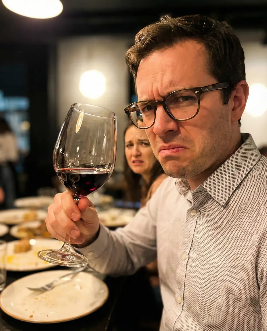 Cuñado foodie o gourmet analizando una copa de vino con actitud pretenciosa para impresionar a la mesa.