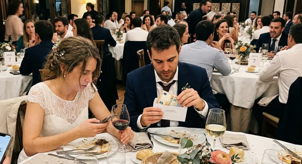 Banquete de novios recogiendo el regalo de boda en un sobre con dinero
