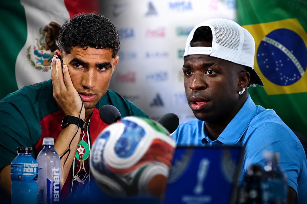 Hakimi tuvo que rescatar a un periodista para que le dejaran hablar en español Hakimi y Vinicius Jr. en rueda de prensa tras preguntarles en español como uso del idioma en el Mundial 2026