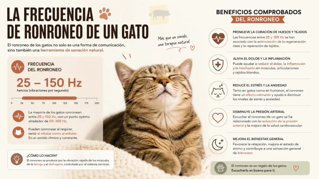 Infografía sobre la frecuencia de ronroneo de un gato y cómo afecta