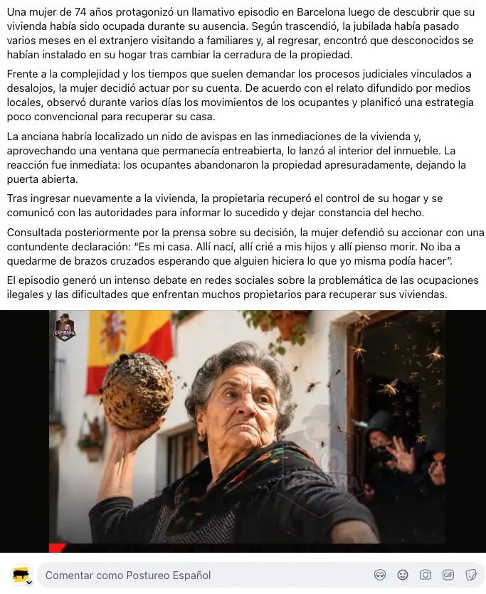 Captura de pantalla del post viral de Facebook que ha vuelto a resucitar la historia de la abuela que echó a los okupas con un nido de avispas