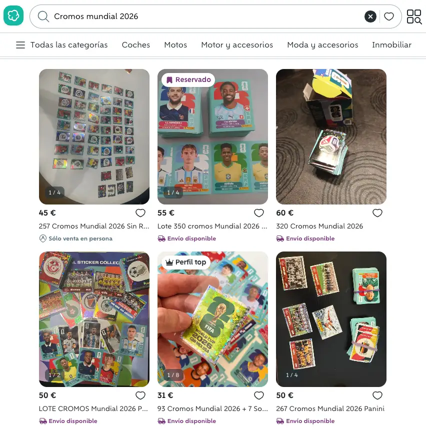 Captura de pantalla de la venta de la fiebre los cromos del mundial 2026 en wallapop