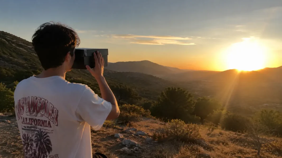 El Truco de la Caja de Zapatos para ver el Eclipse Solar del 12 de agosto sin quemarte los ojos Una persona en el monte usando la caja estenopeica para ver el eclipse solar